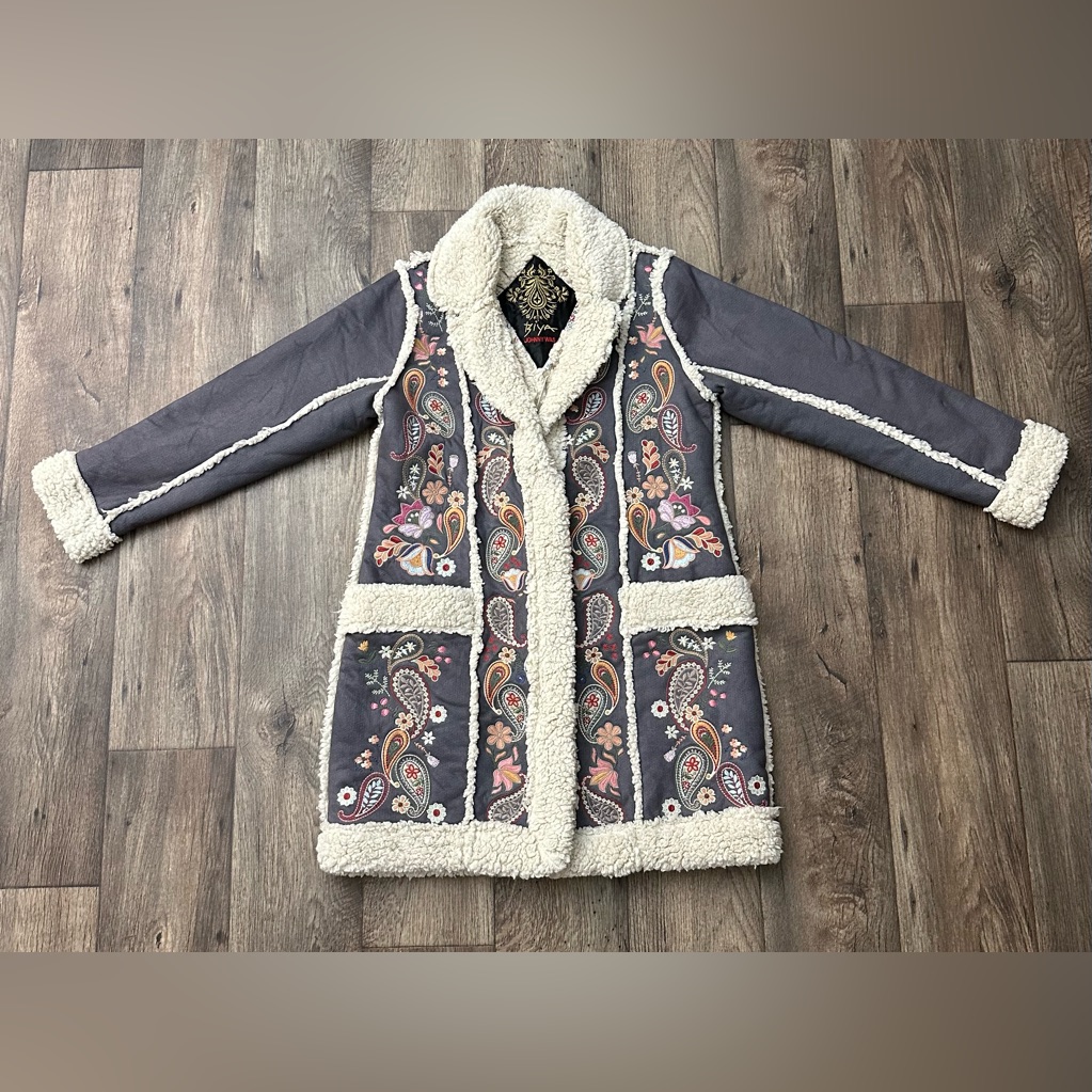 Jonny Was Lori Biya Sherpa Embroidery Lightweight Soft Coat Jacket Women’s Sz S